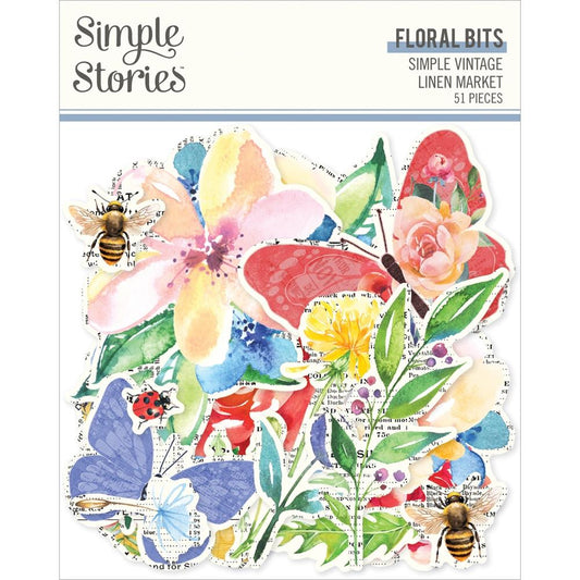 Simple Stories Ephemera Pack - Simple Vintage Linen Market Floral Bits 51 pcs