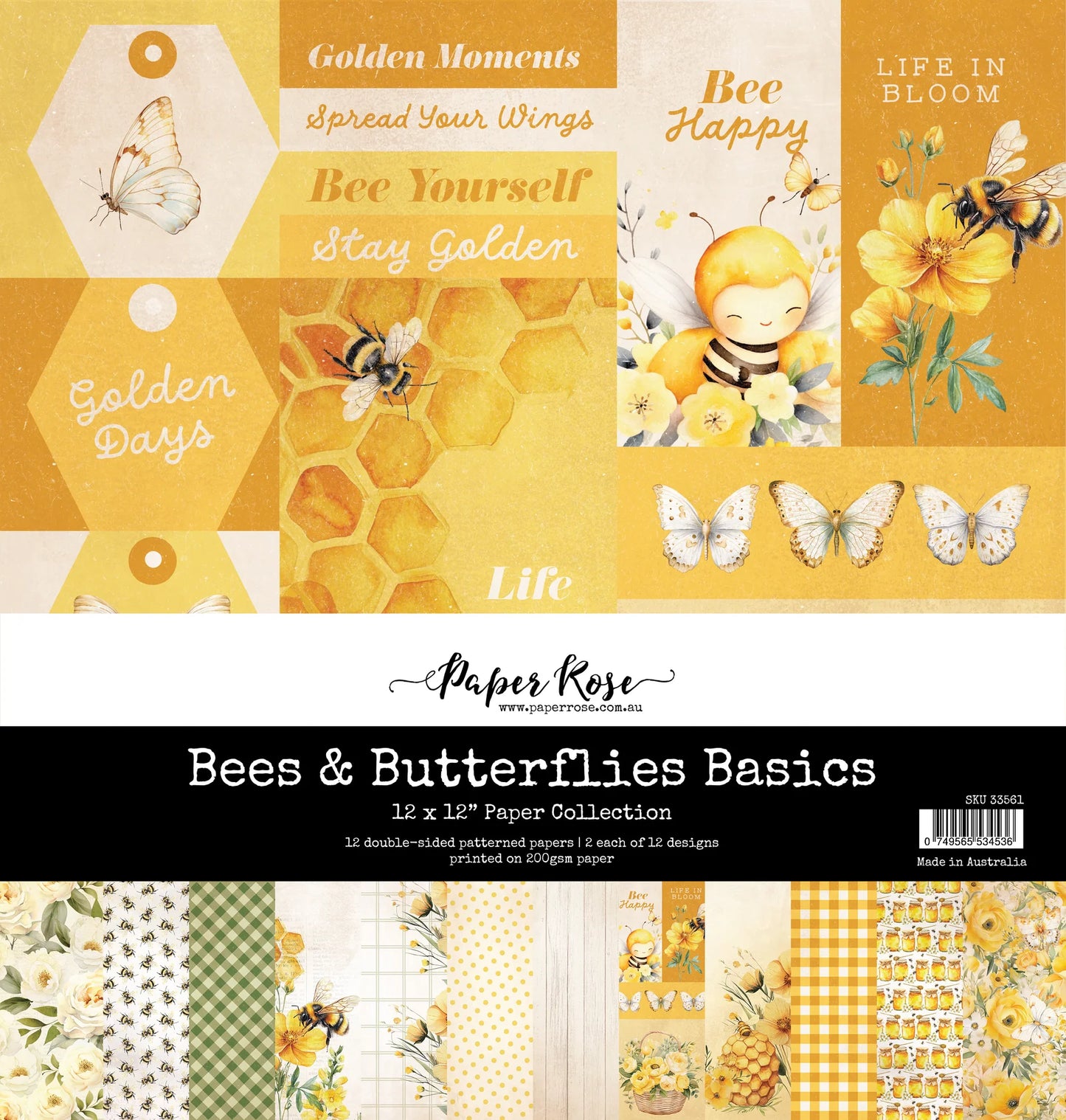 Paper Rose Studio 12x12 Double Sided Paper Pack - Bees & Butterflies Basics