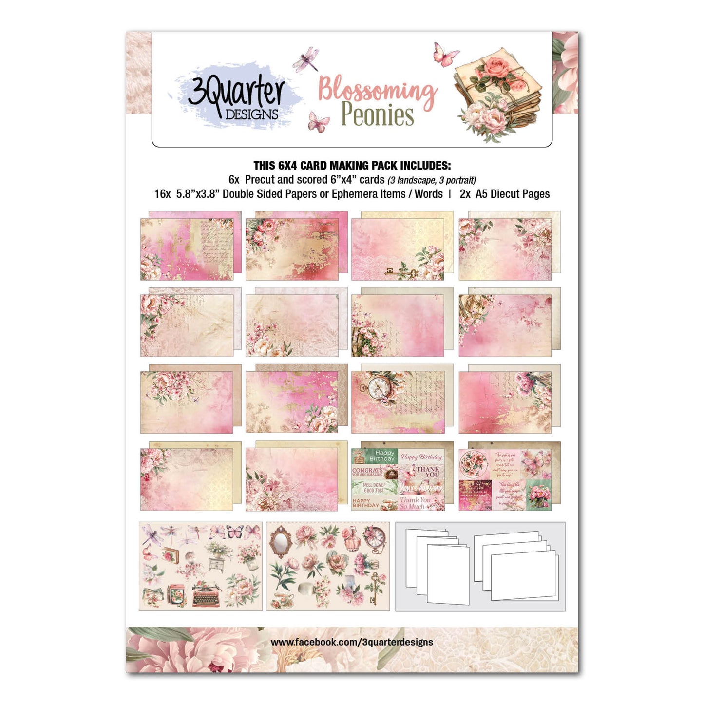 3Quarter Designs 6x4 Card Making Pack - Blossoming Peonies